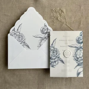 White Scallop Flap Wedding Invitation Envelope Peony Floral Botanical Liner Vellum Wrap Wax Seal Custom Printing
