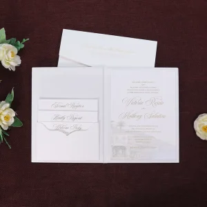 White Texture Hardcover Wedding Invitation with Foil Logo and Custom Soft Cotton Paper Card & Colored Inner Lined Envelopes