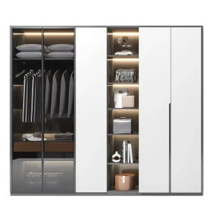 Whole House Custom Solution Modern Dual Wardrobe Gray White Glass Black Frame Left Hanging Right Display With Plants Marble