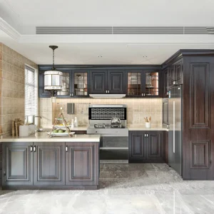 Whole House Customization Luxury American Style Kitchen Cabinets with Wood Finish and Glass Display