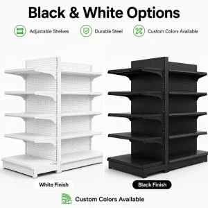 Wire Mesh Grid Back Gondola Shelving Retail Display Rack Double Sided Metal Supermarket Store Fixture Adjustable Shelves