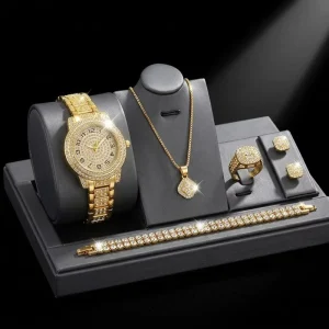 Women Quartz Watch Jewelry Set Rhinestone Necklace Earrings Ring Alloy Wristwatch Birthday Gift for Ladies