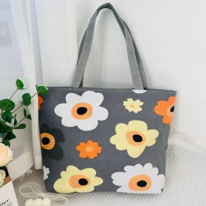 Women’s Artistic Ethnic Style Canvas Handbag Large Capacity Fashionable Shoulder Bag Printed Letter Pattern Zipper