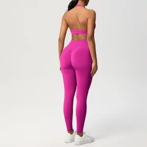 Women’s High Waist Peach Butt Lifting Yoga Pants Set Solid Color Breathable Knit Workout Leggings Backless Sports Bra
