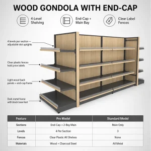 Wood Gondola Shelving with End Cap, 4-Level Adjustable Retail Display Rack with Slotted Uprights and Label Fences
