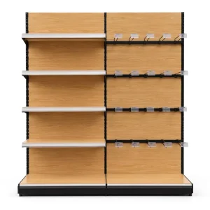 Wood Grain Metal Retail Display Shelving Unit with Adjustable Shelves and Pegboard Hooks Supermarket Store Fixture