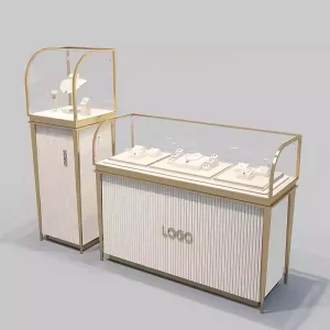 Wood and Glass Jewelry Display Cabinet with Storage and LED Light for Shop