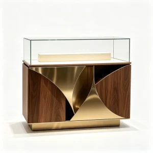 Wood and Metal Display Cabinet with Curved Facade and Stepped Display Platform for Perfume Store