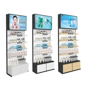 Wooden Cosmetic Display Stand Floor Standing Custom Size & Color for Retail Shops and Malls