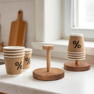 Wooden Cup Holder Display Stand With Flower Shape Top Cap Paper Cup Storage Rack for Cafe Coffee Shop Kitchen Countertop