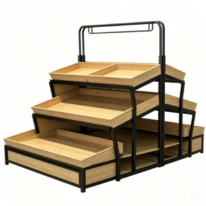 Wooden Fruit Vegetable Stand Shelves Double-sided Supermarket Gondola Produce Storage Display Rack Shelf