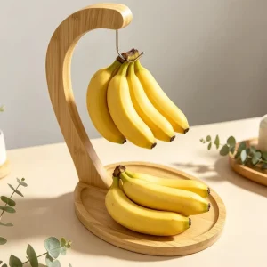 Wooden Non Folding Banana Rack Standing Desktop Fruit Holder Artificial Leaf Decoration Multifunctional Minimalist Modern Fruit
