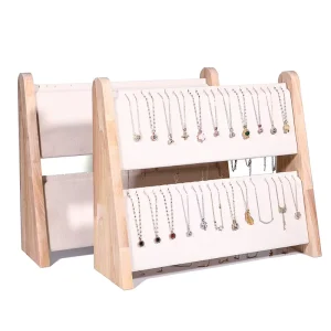Wooden PU Leather Pendant Necklace Jewelry Display Beige Velvet Bracelet Two Layers Display Stand