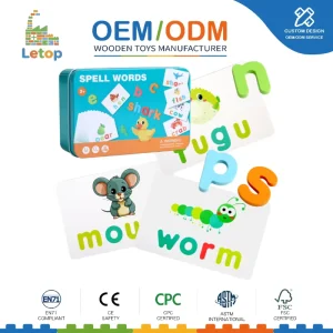 Wooden Spelling Words Puzzle Alphabet Flash Cards Montessori Educational Learning Toy in Tin Box