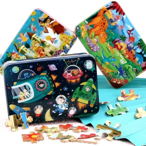 Wooden Tin Box Puzzle 100 Pcs Montessori Kids Mermaid Dinosaur Space Fire Safety Cognitive Toddler Educational Activity Kit