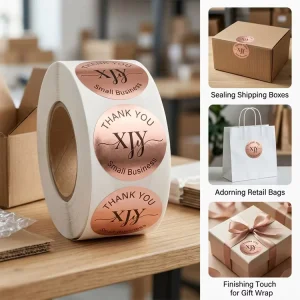 XJY Custom Rose Gold Foil Round Thank You Sticker Roll With Logo Printing Low MOQ Packaging Stickers For Small Business