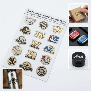 XJY Custom UV Printed 3D Metal Logo Stickers PVC Electroform Nickel Gold Decorative Labels for Packaging