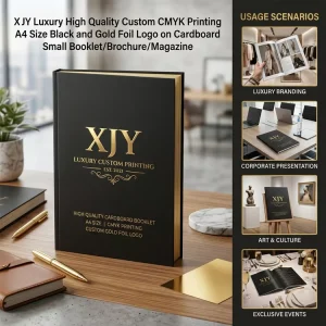 XJY Luxury High Quality Custom CMYK Printing A4 Size Black and Gold Foil Logo on Cardboard Small Booklet Brochure Magazine