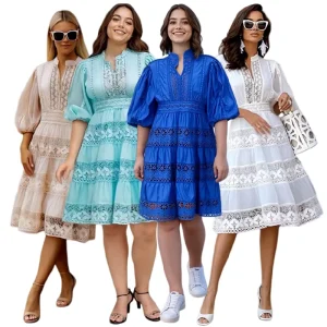Y9028 Trendy Casual Dresses Women Lady Elegant Lace Patchwork Stand Collar Lantern Sleeve A line Retro Party Dresses for Women