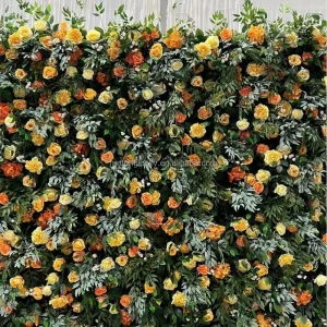 Yellow Rose 5D Flower Wall 8×8 ft Roll up with Realistic Fabric Silk Greenery for Romantic Anniversary Garden Party